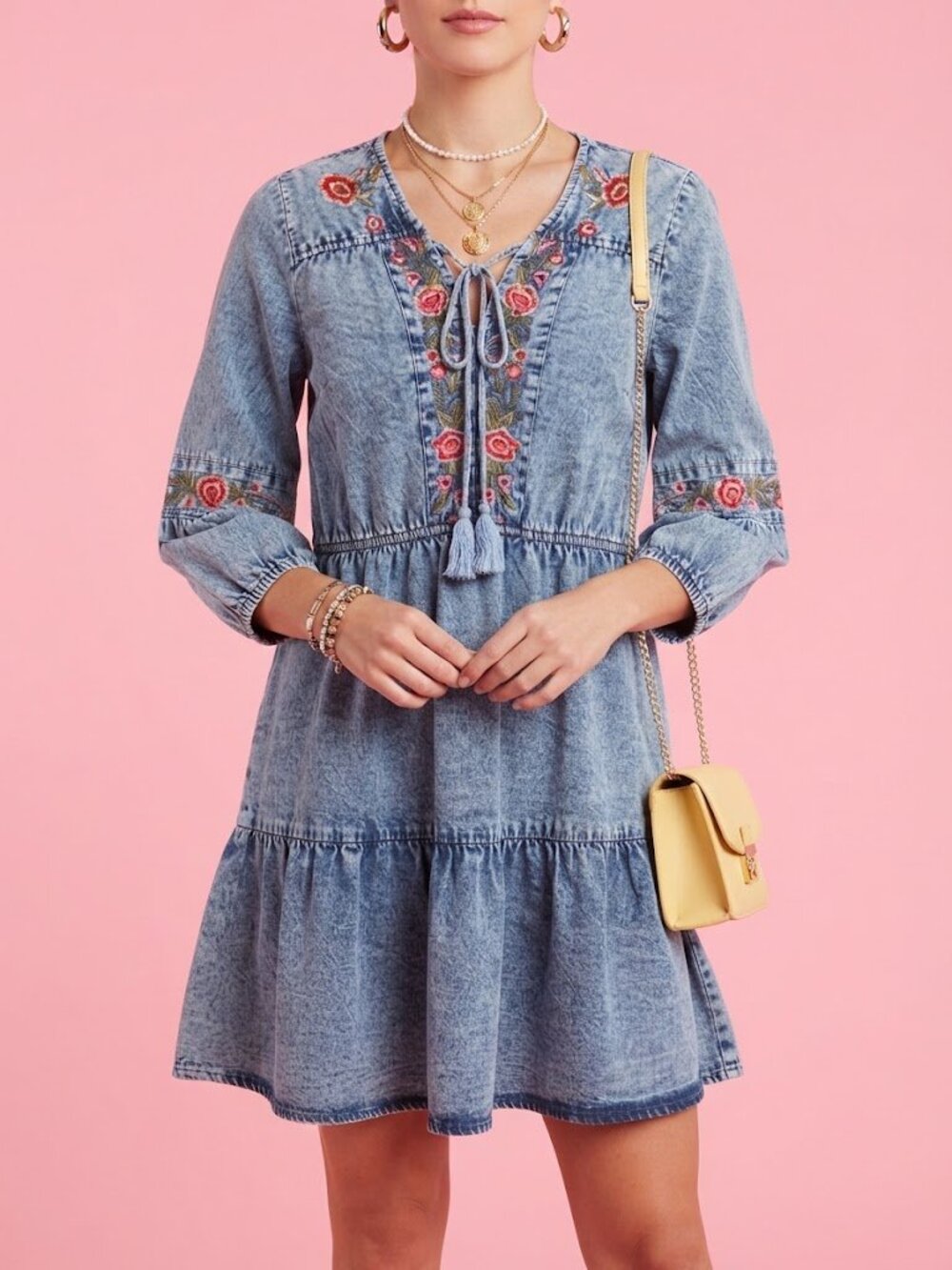 Scully Light Blue Embroidered Denim Long Sleeve Dress